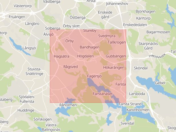 Karta som med röd fyrkant ramar in Magelungsvägen, Stockholm, Stockholms län