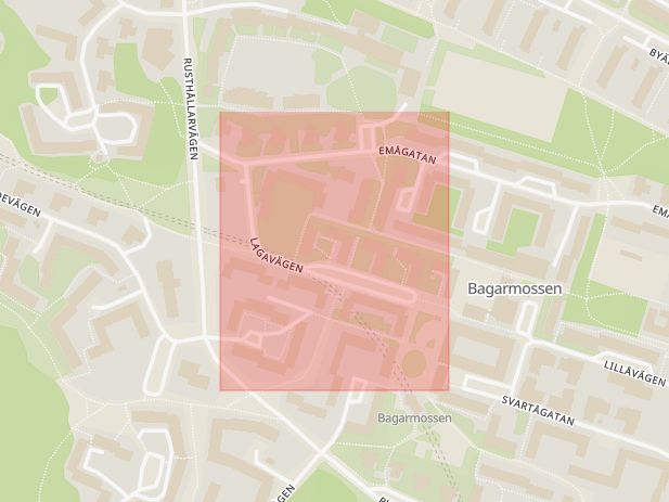 Karta som med röd fyrkant ramar in Bagarmossen, Lagaplan, Stockholm, Stockholms län