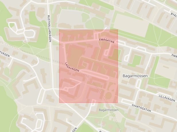 Karta som med röd fyrkant ramar in Lagavägen, Bagarmossen, Stockholm, Stockholms län