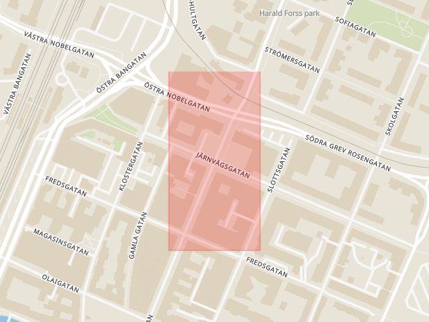 Karta som med röd fyrkant ramar in Storgatan, Järnvägsgatan, Olaigatan, Örebro, Örebro län