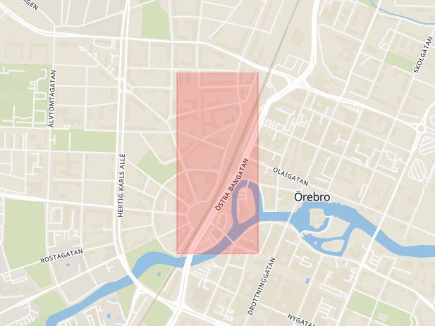 Karta som med röd fyrkant ramar in Västra Bangatan, Örebro, Örebro län