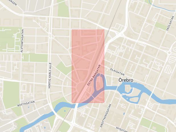 Karta som med röd fyrkant ramar in Västra Bangatan, Örebro, Örebro län