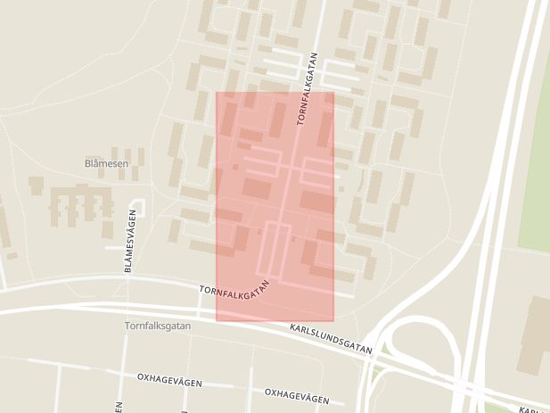 Karta som med röd fyrkant ramar in Tornfalksgatan, Oxhagen, Örebro, Örebro län