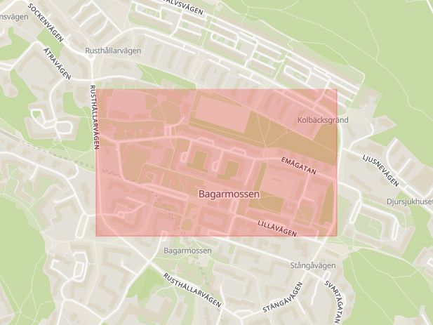 Karta som med röd fyrkant ramar in Bagarmossen, Emågatan, Stockholm, Stockholms län