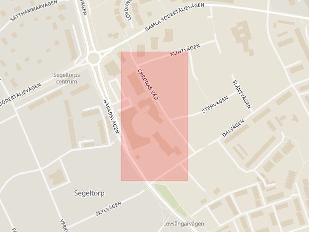 Karta som med röd fyrkant ramar in Segeltorp, Bokhyllan, Huddinge, Stockholms län