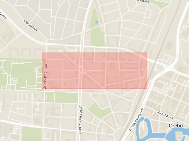 Karta som med röd fyrkant ramar in Malmgatan, Örebro, Örebro län