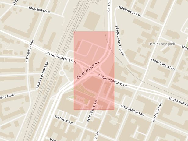 Karta som med röd fyrkant ramar in Östra Nobelgatan, Östra Bangatan, Örebro, Örebro län