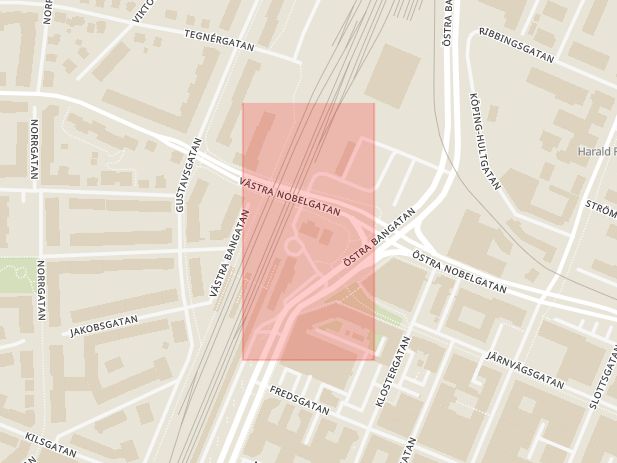 Karta som med röd fyrkant ramar in Östra Bangatan, Dalbygatan, Örebro, Örebro län