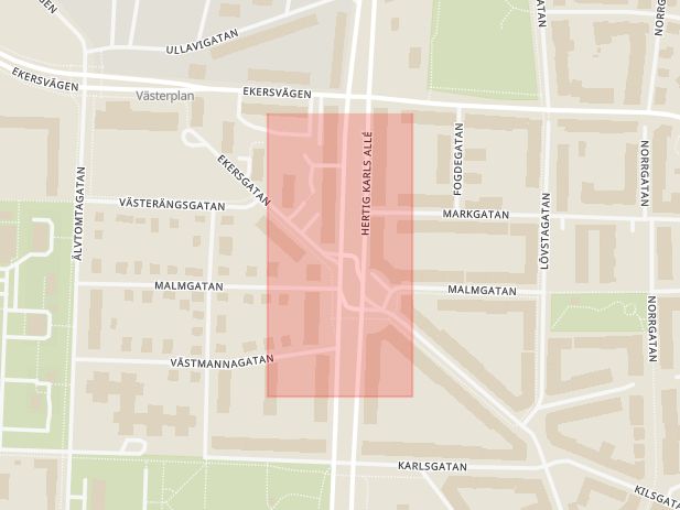 Karta som med röd fyrkant ramar in Hertig Karls Allé, Ekersgatan, Örebro, Örebro län
