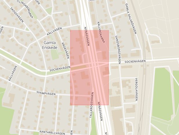 Karta som med röd fyrkant ramar in Nynäsvägen, Sockenvägen, Stockholms län