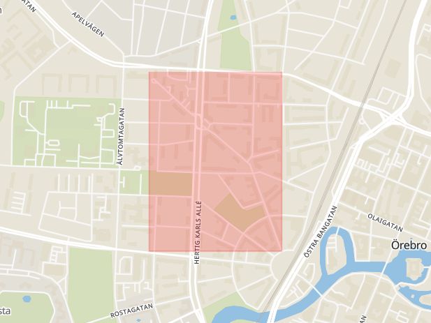 Karta som med röd fyrkant ramar in Ekersgatan, Örebro, Örebro län