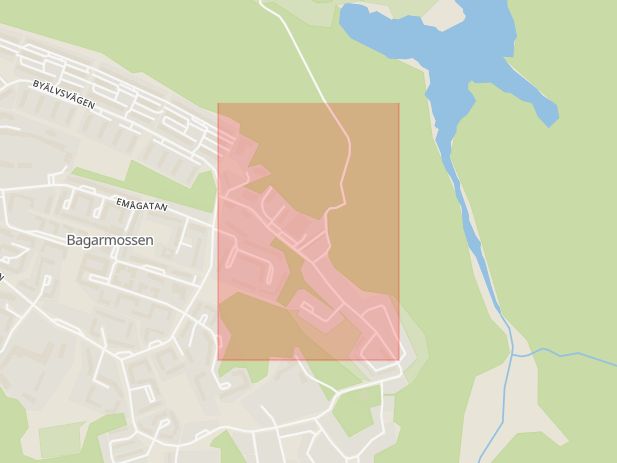 Karta som med röd fyrkant ramar in Bagarmossen, Ljusnevägen, Stockholm, Stockholms län