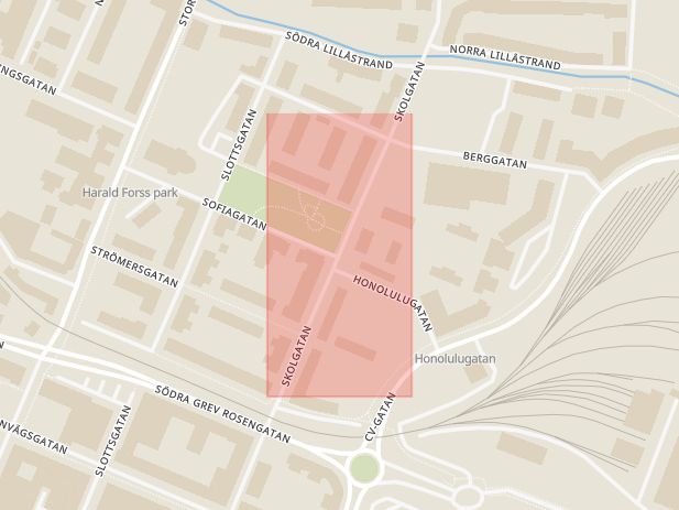 Karta som med röd fyrkant ramar in Skolgatan, Sofiagatan, Örebro, Örebro län