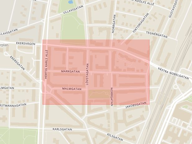 Karta som med röd fyrkant ramar in Markgatan, Örebro, Örebro län