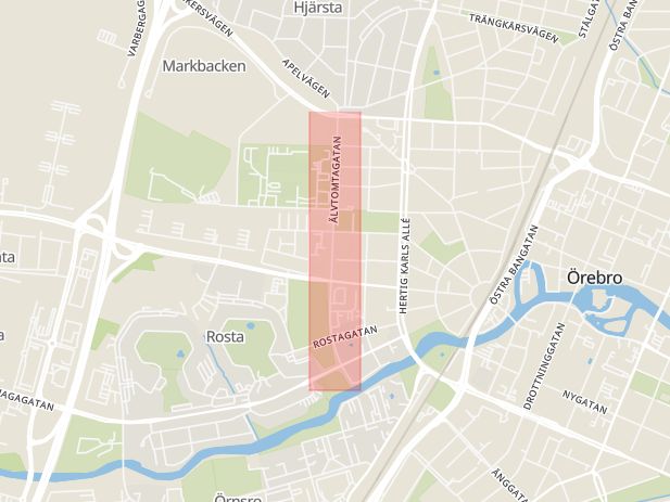 Karta som med röd fyrkant ramar in Älvtomtagatan, Örebro, Örebro län