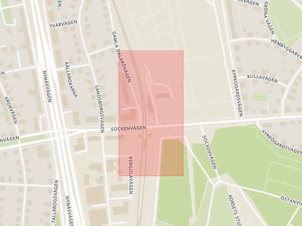 Karta som med röd fyrkant ramar in Sandsborgskyrkogården, Enskede, Stockholms län