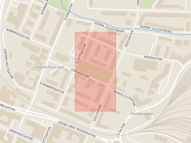 Karta som med röd fyrkant ramar in Sofiaparken, Berggatan, Örebro, Örebro län