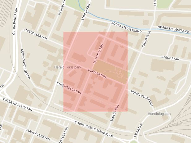 Karta som med röd fyrkant ramar in Sofiagatan, Örebro, Örebro län