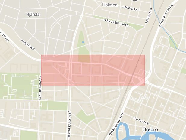 Karta som med röd fyrkant ramar in Västra Nobelgatan, Örebro, Örebro län