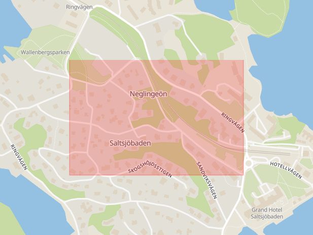 Karta som med röd fyrkant ramar in Gamla Skolvägen, Saltsjöbaden, Nacka, Stockholms län