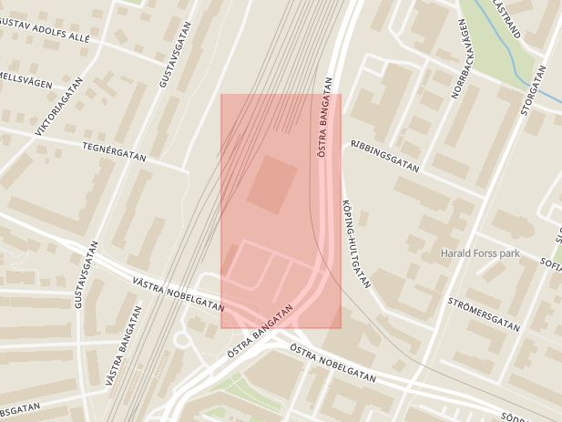 Karta som med röd fyrkant ramar in Postnord, Hjalmar Bergmans Väg, Örebro, Örebro län