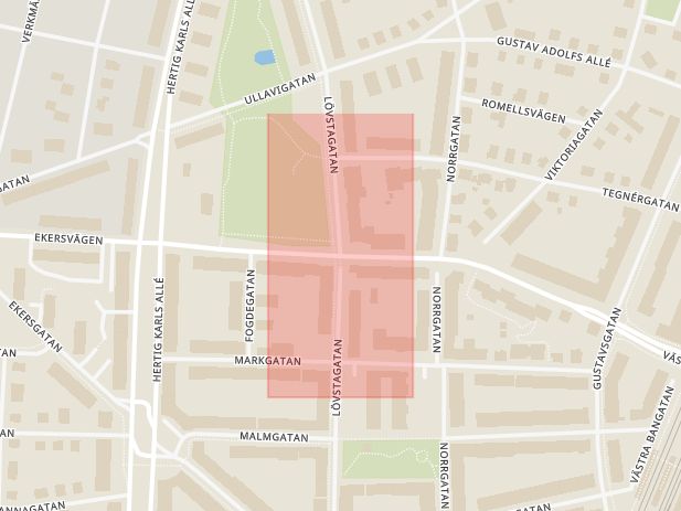 Karta som med röd fyrkant ramar in Nobelgatan, Lövstagatan, Örebro, Örebro län