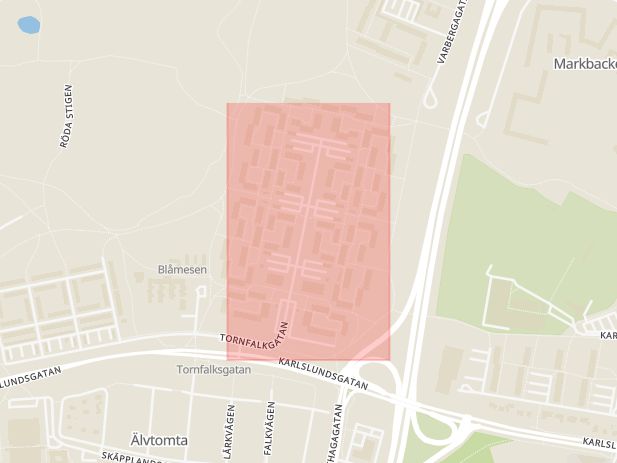 Karta som med röd fyrkant ramar in Oxhagen, Tornfalksgatan, Örebro, Örebro län