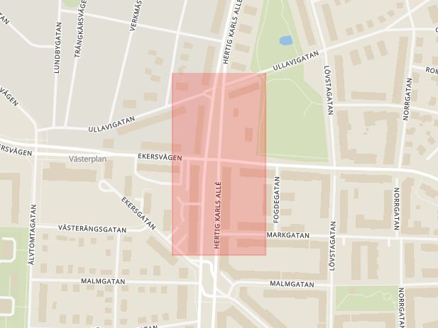 Karta som med röd fyrkant ramar in Hertig Karls Allé, Västra Nobelgatan, Örebro, Örebro län