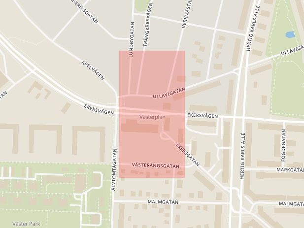 Karta som med röd fyrkant ramar in Ekersvägen, Västerplan, Örebro, Örebro län