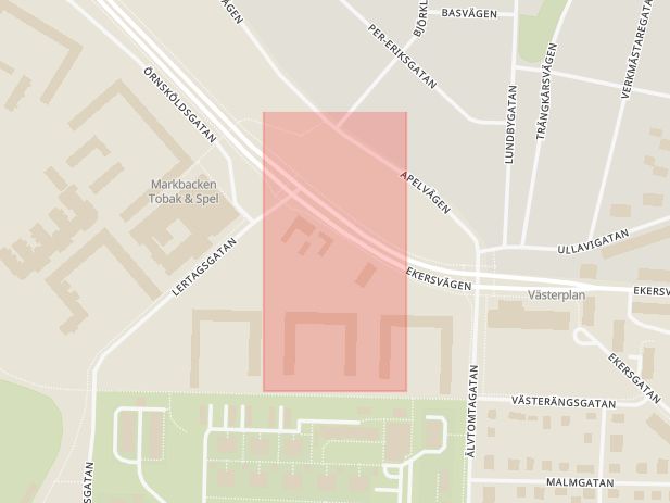 Karta som med röd fyrkant ramar in Lertagsgatan, Markbacken, Örebro, Örebro län