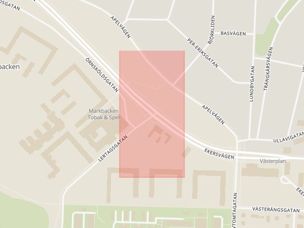 Karta som med röd fyrkant ramar in Ekersvägen, Lertagsgatan, Varberga, Örebro, Örebro län