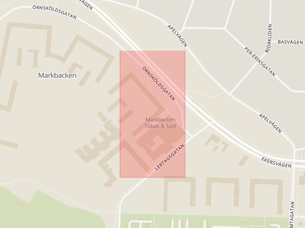 Karta som med röd fyrkant ramar in Örnsköldsgatan, Markbacken, Örebro, Örebro län