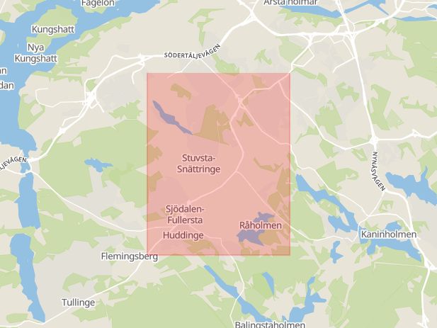 Karta som med röd fyrkant ramar in Huddingevägen, Huddinge, Stockholms län