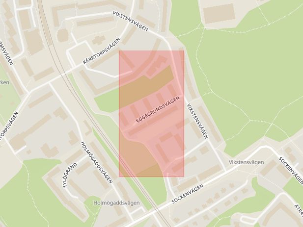 Karta som med röd fyrkant ramar in Eggegrundsvägen, Kärrtorp, Stockholm, Stockholms län