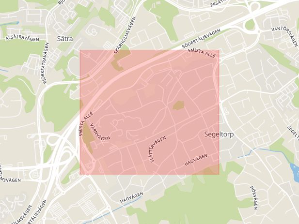 Karta som med röd fyrkant ramar in Kungens Kurva, Smista Allé, Huddinge, Stockholms län