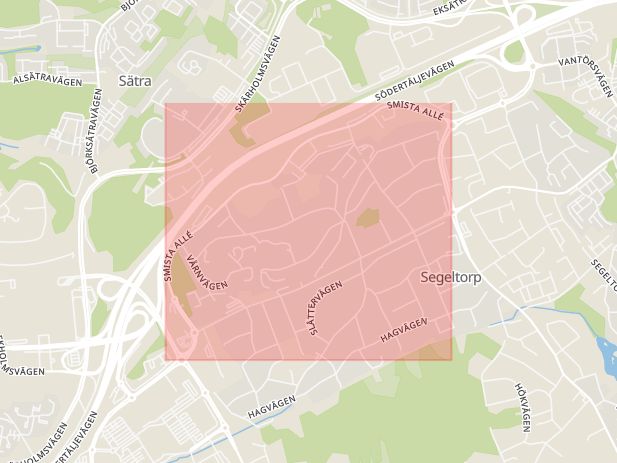 Karta som med röd fyrkant ramar in Segeltorp, Smista Allé, Huddinge, Stockholms län