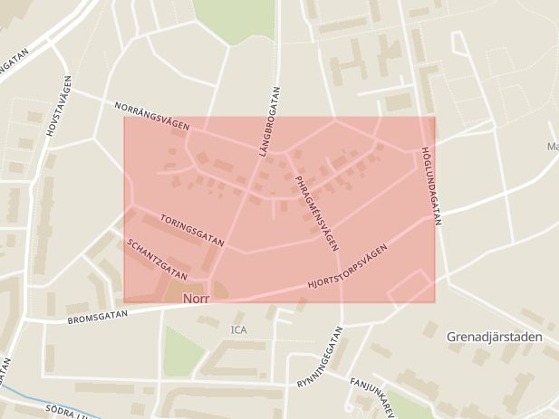 Karta som med röd fyrkant ramar in Toringsgatan, Örebro, Örebro län