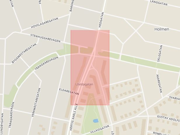 Karta som med röd fyrkant ramar in Lövstagatan, Hertig Karls Allé, Örebro, Örebro län