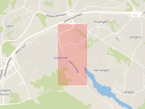 Karta som med röd fyrkant ramar in Häradsvägen, Segeltorp, Huddinge, Stockholms län