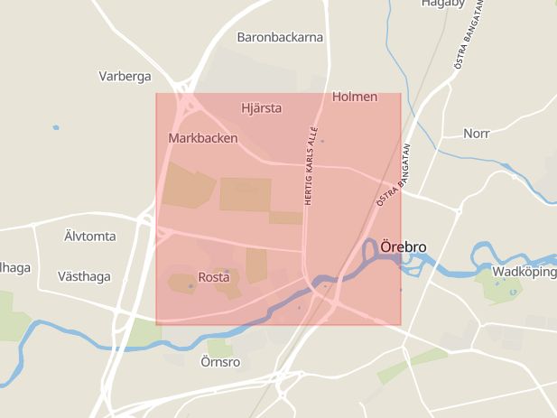 Karta som med röd fyrkant ramar in Örebro, Västra Mark, Kumla, Örebro län