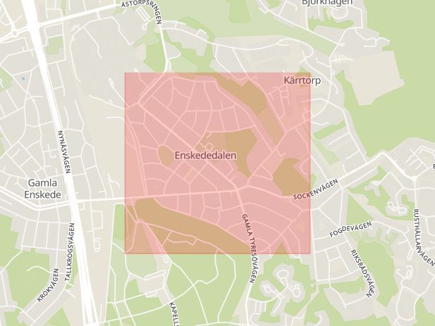Karta som med röd fyrkant ramar in Enskededalen, Stockholm, Stockholms län