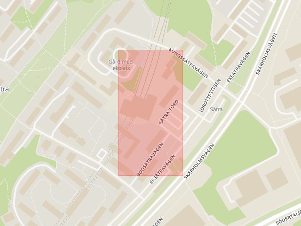 Karta som med röd fyrkant ramar in Sätra, Sätra Centrum, Stockholm, Stockholms län