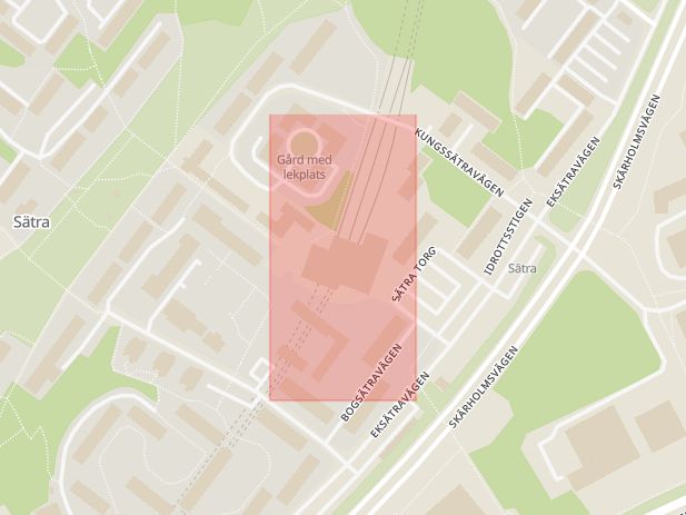 Karta som med röd fyrkant ramar in Sätra Centrum, Sätra, Stockholm, Stockholms län