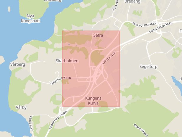 Karta som med röd fyrkant ramar in Skärholmsvägen, Vårby, Huddinge, Stockholms län