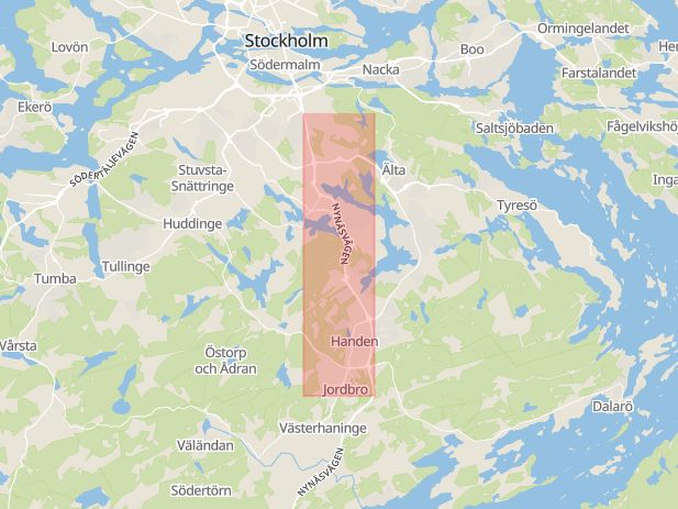 Karta som visar ungefär var händelsen Rattfylleri: En polispatrull stoppade en bil på Nynäsvägen vid Länna för kontroll av föraren. Misstanke om rattfylleri uppstod. inträffat