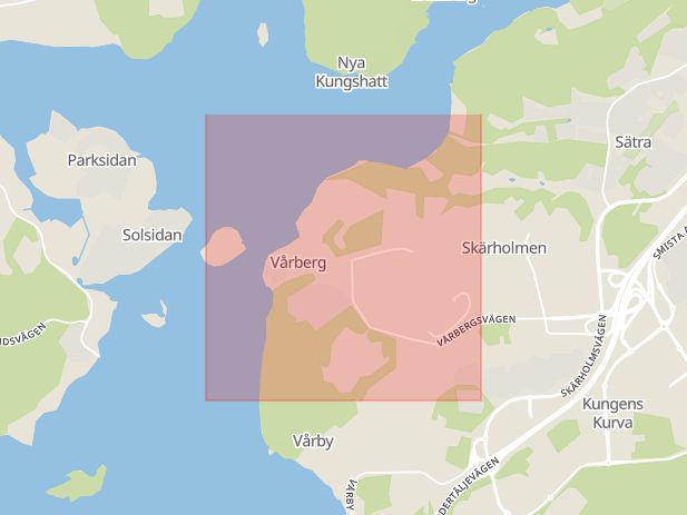 Karta som visar ungefär var händelsen Stöld/inbrott: En person i Vårberg som kommer hem upptäcker att dörren till bostaden är uppbruten. inträffat