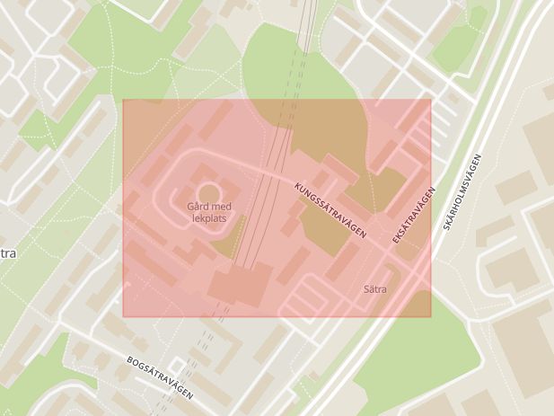 Karta som med röd fyrkant ramar in Sätra, Kungssätravägen, Stockholm, Stockholms län