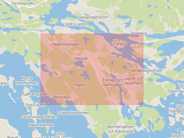 Karta som med röd fyrkant ramar in Eknäsvägen, Värmdö, Stockholms län