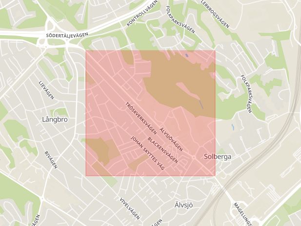 Karta som med röd fyrkant ramar in Solberga, Älvsjövägen, Stockholm, Stockholms län