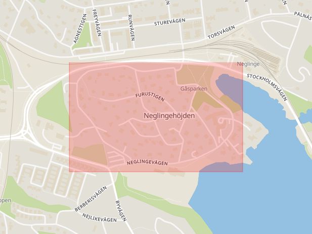 Karta som med röd fyrkant ramar in Neglinge, Saltsjöbaden, Nacka, Stockholms län